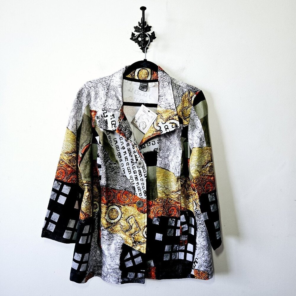 NWT Art Simply Dolcezza Womens Collared Jacket Button Up Abstract Art Size 2XL